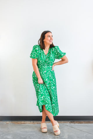 Going Green Puff Sleeve Midi Dress