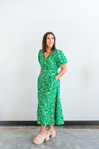 Going Green Puff Sleeve Midi Dress