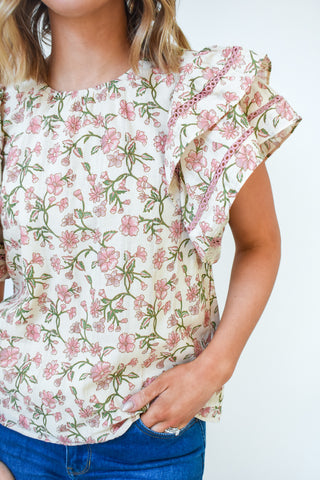 Blush And Bloom Floral Ruffle Sleeve Top