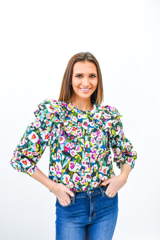 Perfectly Printed Ruffle Shoulder Top