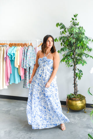 Get A Blue Rosette Halter Maxi Dress