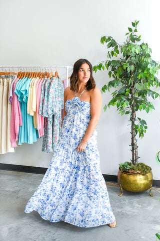 Get A Blue Rosette Halter Maxi Dress