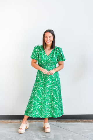 Going Green Puff Sleeve Midi Dress