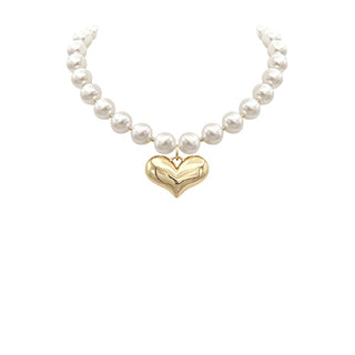 Puffy Heart & Pearl Bead Necklace Set