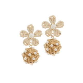 Linked Raffia Ball and Flower Earrings