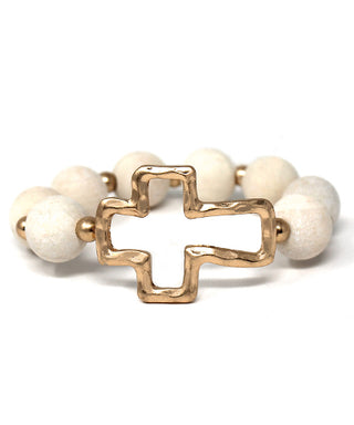 Wood Ball And Metal Cross Bracelet