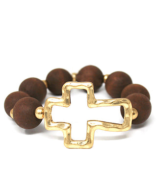 Wood Ball And Metal Cross Bracelet