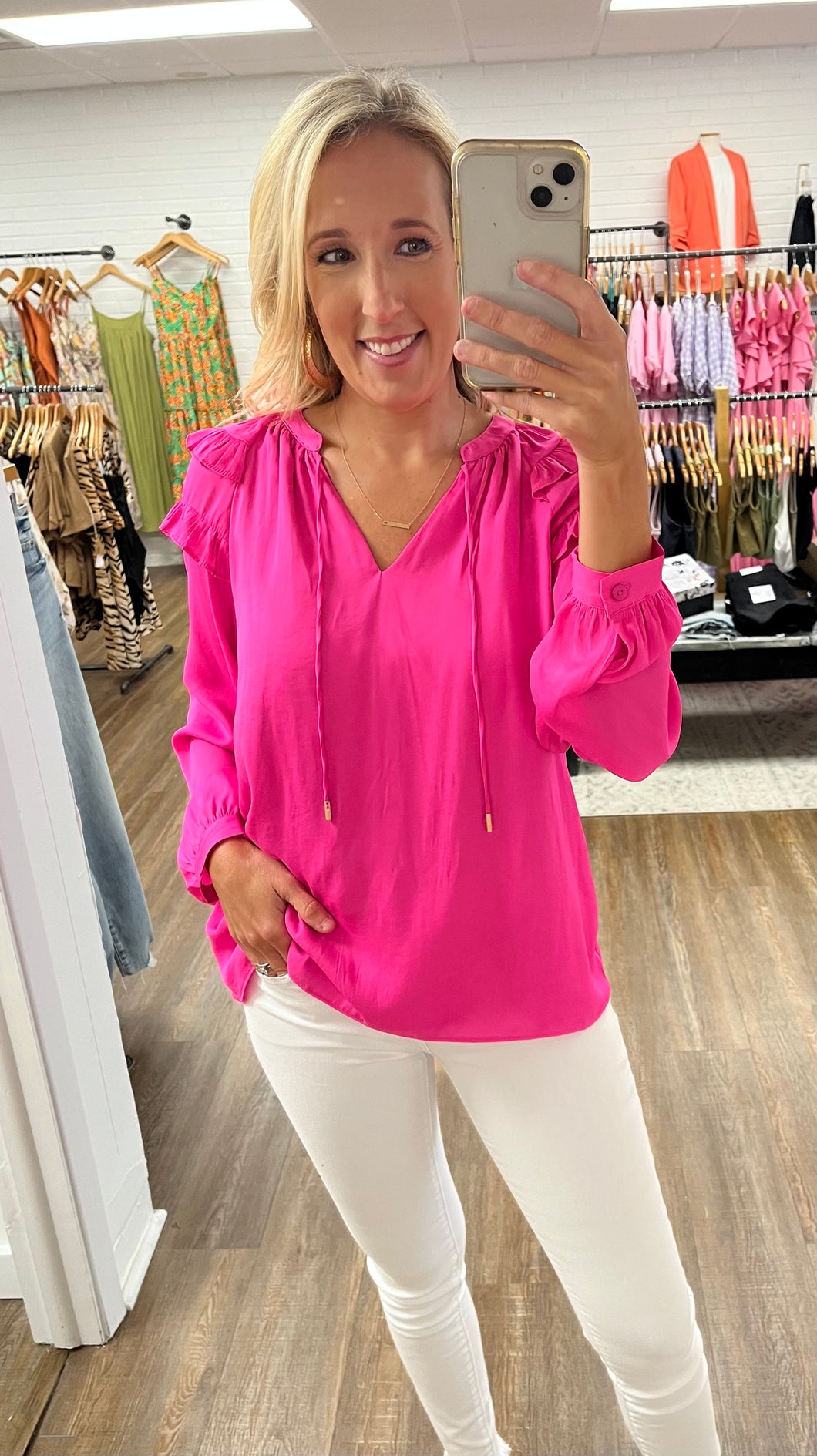 Tickle Me Pink Ruffle Sleeve Blouse
