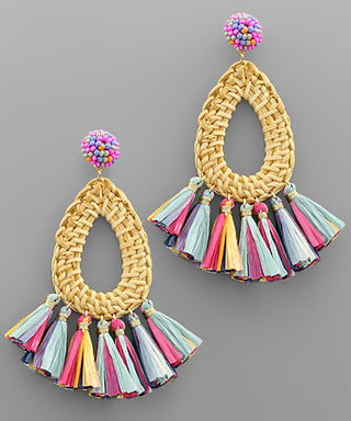 Rattan Teardrop And Tassel Earrings